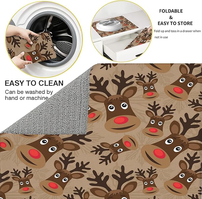 3Pcs Christmas Reindeer Dish Drying Mat & Kitchen Sink Splash Guard Faucet Mat For Kitchen Counter Absorbent Microfiber Dishes Pad Dish Drainer Rack Mats Fast Dry Kitchen Accessories