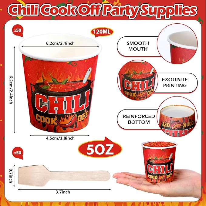Teenyyou 100 Pcs 5 oz Chili Cook off Party Decorations Mini Chili Cook off Tasting Cups Disposable Sample Paper Cup Bowls and Wooden Spoons for Pepper Competition Prizes Party Cooking Supplies, Red