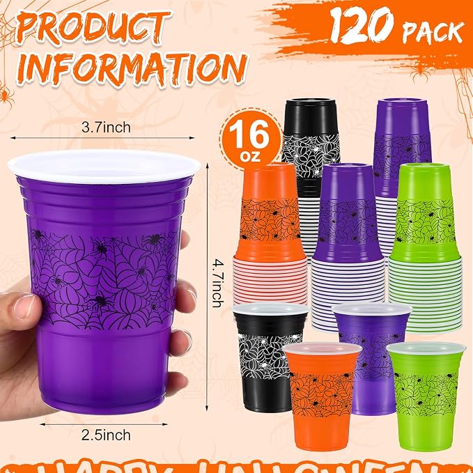 Pickmesh 120 Pcs Halloween Plastic Cups 16 oz Disposable Coffee Cup Spider Web Decoration Hot Cold Drink Wine for Halloween Party Favors Supplies