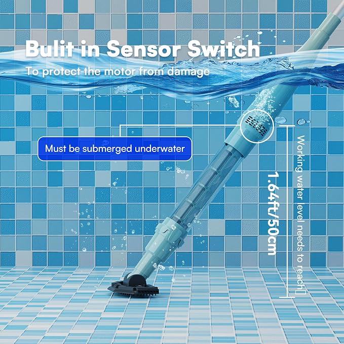 PoolMr Handheld Pool Vacuum for Above Ground Pool & Hot Tub Vacuum, with 2 Brush Heads, 90 Mins Running Time, 13.2 Gallons/Min Powerful Suction, Ideal for Cleaning Debris and Sand Underwater, Cyan