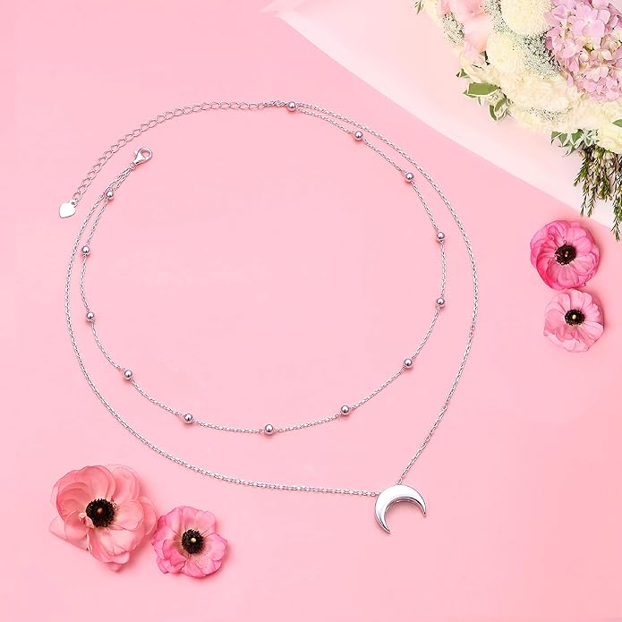 FLYOW Layered Choker Necklace S925 Sterling Silver Star Full Moon Daisy Flower Pendant Disc Jewelry Adjustable Clavicle Necklaces for Women Girls Birthday Gifts