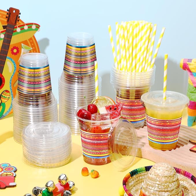 Jingmore 50 Pack 12 oz Fiesta Plastic Cups with Lids and Paper Straws Mexican Clear Disposable Cups Bulk Cinco De Mayo Party Decorations for Fiesta Taco Birthday Party Drinkware Supplies