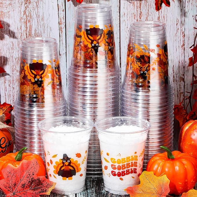 Meanplan 100 Pcs Thanksgiving Plastic Cups Bulk 12oz Fall Disposable Cups Autumn Pumpkin Leaf Turkey Clear Drinkware Tumblers Coffee Juice Wine Glasses Harvest Wedding Party Supplies(Turkey)