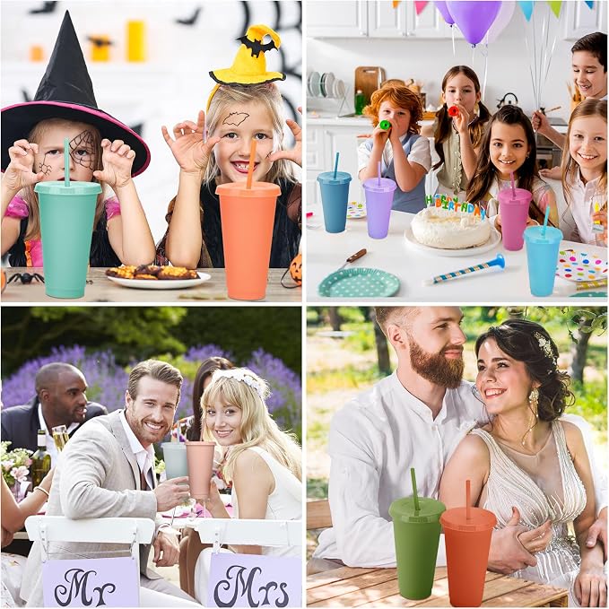 Honeydak 100 Pack Tumbler with Straw and Lid Bulk Water Bottle Iced Coffee Travel Mug Cup Reusable Plastic Cups for Party Birthdays 24-27 oz (Pastel Color)
