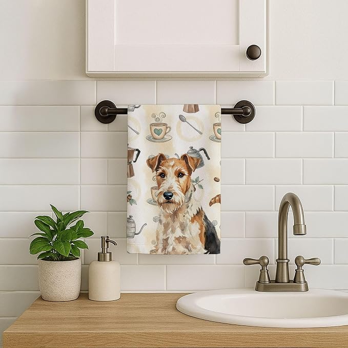 Caroline's Treasures Wire Fox Terrier Coffee Bar Kitchen Towel Velour Plush Front and Cotton Loop Back Machine Washable