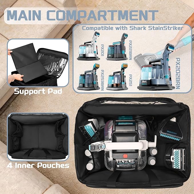 Carrying Case Compatible with Shark Stain Striker, Carpet Cleaner Bag Fits Shark Upholstery Cleaner, Storage Bag with Multiple Pockets for Attachments, Black