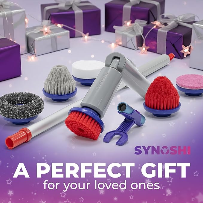 Synoshi PRO Electric Spin Scrubber Bundle – Shower Scrubber with Long Handle Extension & Cone Brush Heads – Bathroom Scrubber, Floor Scrubber & Bathtub Scrubber Electric Cleaning Tool