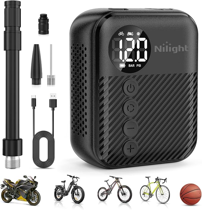 Nilight Mini Bike Pump with Gauge Fast Inflate Tiny Bicycle Air Pump Portable Air Inflator 150PSI with Presta and Schrader Valve for Road Mountain Bike E-Bike Motorcycle Ball
