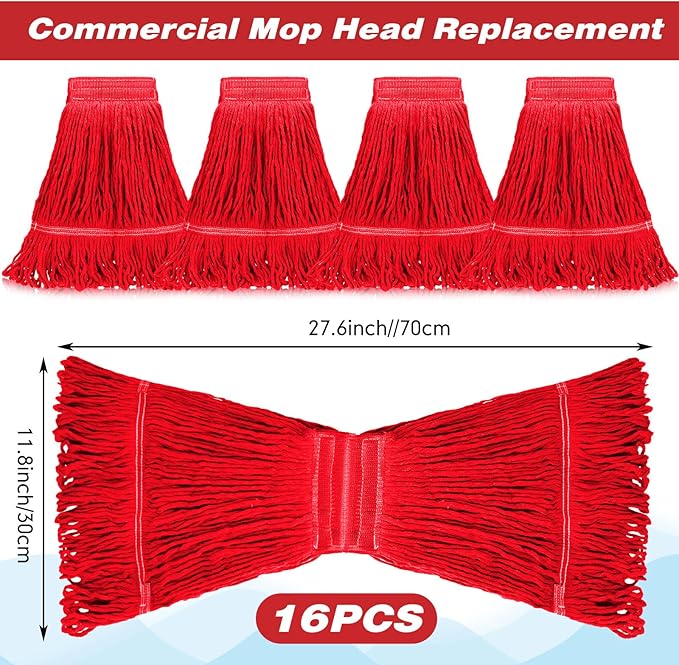 Roshtia 16 Pack Mop Head Replacement Large Heavy Duty Mop Head Commercial Replacement Looped End Cotton String Industrial Washable Mophead Refills for Commercial Industrial Home Cleaning(Red)