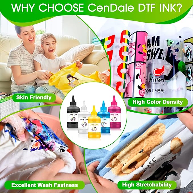 CenDale Premium DTF Ink 1500ML - DTF Transfer Ink for PET Film, Refill DTF Ink for Epson ET-8550, L1800, L800, R2400, P400, P800, XP15000, Heat Transfer Printing Direct to Film (250ml x 6, CMYK Wh)