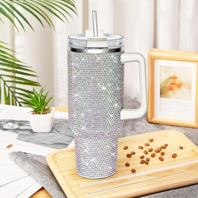HWISDMIG 40oz Tumbler with Handle-Glitter Rhinestones Tumbler Bling Cups Stainless Steel Water Bottle Diamond Studded Tumbler for Women-Birthday Gifts for Women, Mom, Wife, Girlfriend (40 oz, Shiny)
