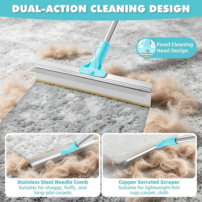 Carpet Rake for Pet Hair Removal Tool, 6 in 1 Pet Hair Remover Broom Kit, Cat Dog Carpet Rake with 53'' Adjustable Handle for Rugs, Mats, Couch