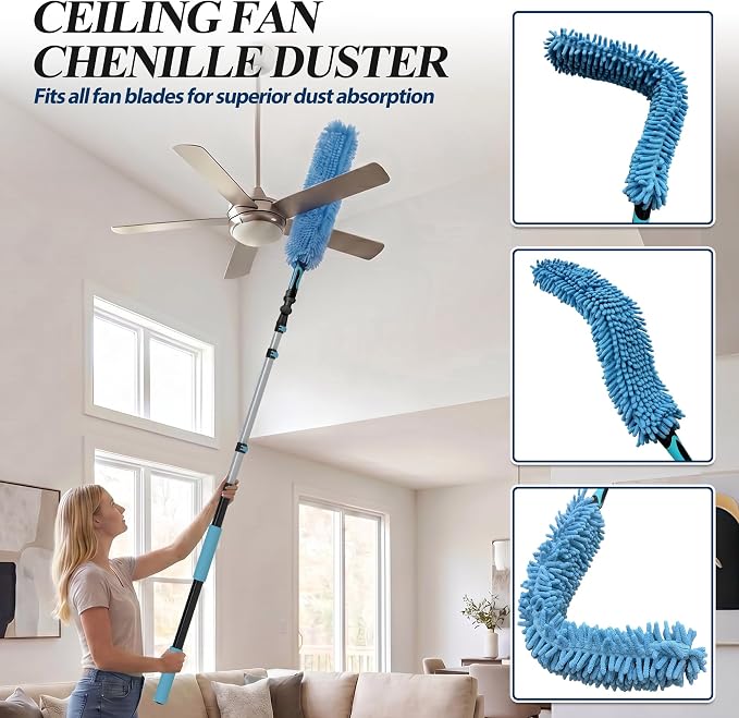 COVERONICS 25FT High Duster Cleaning Tools with 5-20FT Extension Poles - Reusable Fan Duster Cleaning Kits with Ceiling Fan Cleaner Duster, Window Squeegee, Microfiber Feather Duster & Cobweb Duster