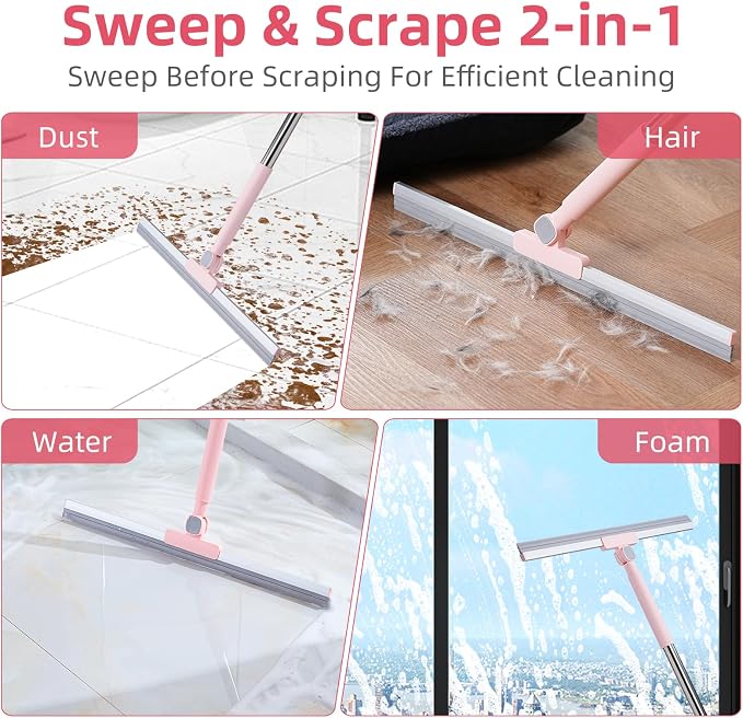 Floor Squeegee with Long Handle, 51 inch Stainless Steel Handle & 19 inch Rubber Blade, Heavy Duty Squeegee Mop for Tile, Garage, Shower Glass, Marble, Windows Cleaning & Water Removal