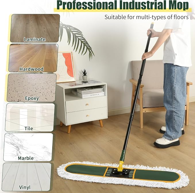 36" Commercial Dust Mop for Floor Cleaning, Dry Dust Mops Broom for Hardwood Floors, Tiles, Marble, Concrete,Garage Cleaning,2 Mop Pads 59" Long Handle Heavy Duty Frame,Green