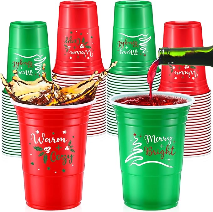 Pickmesh 50 Pcs Christmas Plastic Cups 16oz Red and Green Merry Bright Disposable Cups for Xmas Party Supplies Seasonal Holiday Party Tumblers for Hot Cold Drinks Coffee Juice Beer Candy Snacks