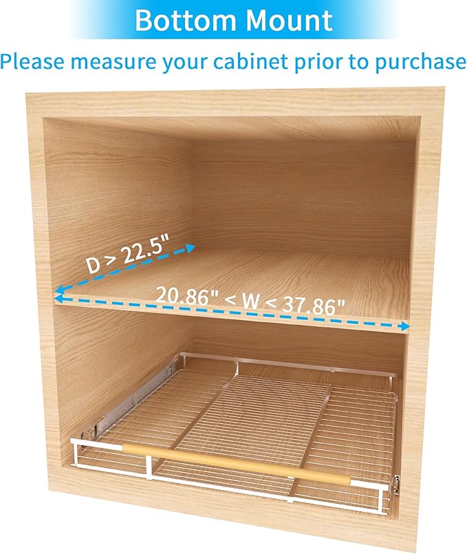 Expandable Pull Out Drawer Cabinet Organizer, Adjustable Width Bottom-Mounted Slide Out Storage Shelves for Cabinets, Required Cabinet Size (W: 20.86"~37.86", D≥22.5"), 2 Pack
