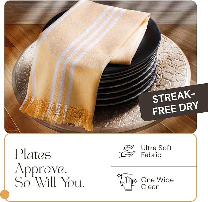 12 Pack Monochrome Stripe Dish Towels with Fringes, 16x26 Inch, 100% Cotton, Ultra Absorbent & Reusable, Quick Drying Kitchen Towels for Cleaning, Cooking, Drying, Mustard Yellow