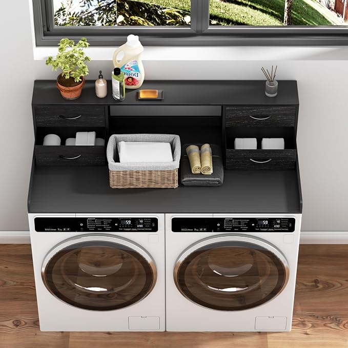 Unionly Washer and Dryer Countertop, 27.5“ D x 53.9“ W x 12.9“ H Solid Wood Washer and Dryer Countertop with Organizer Shelves with Four Drawers for Laundry Room Organization (Black)