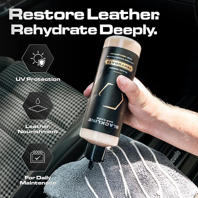 Blackline Leather Cleaner and Conditioner Care Kit with Microfiber Towel and Applicator Pad, Gentle APC and Leather Rehydrate, 2 16 Fl Oz Bottles for Leather Car Interiors