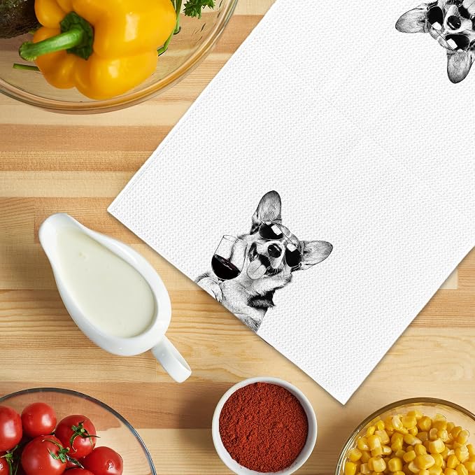 Funny Poodle Corgi Kitchen Towels, Gifts for Dog Wine Lovers, Bar Accessories Dish Tea Towels for Kitchen, Dog Owners Housewarming Gift Decorative Hand Towel 16x24 Inch