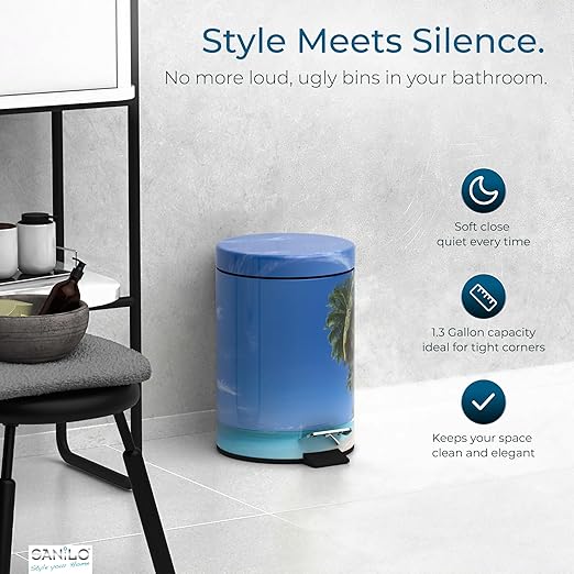 Sanilo Small Bathroom Trash Can with Lid [1.3 Gallon] - Lidded Tiny Trashcan for Garbage - Mini Metal Bin with Soft Closing Mechanism - Bath Room Accessoire Wastebin with Inner Bucket (Caribbean)