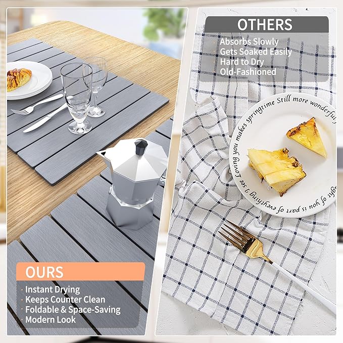 HotFox Dish Drying Mat for Kitchen Counter – Quick Dry Stone Drying Mat, Foldable Diatomaceous Earth Pad, Non-Slip Kitchen Sink Drying Mat, Large Fast Drying Stone Mat for Dishes, Coffee Maker, Grey