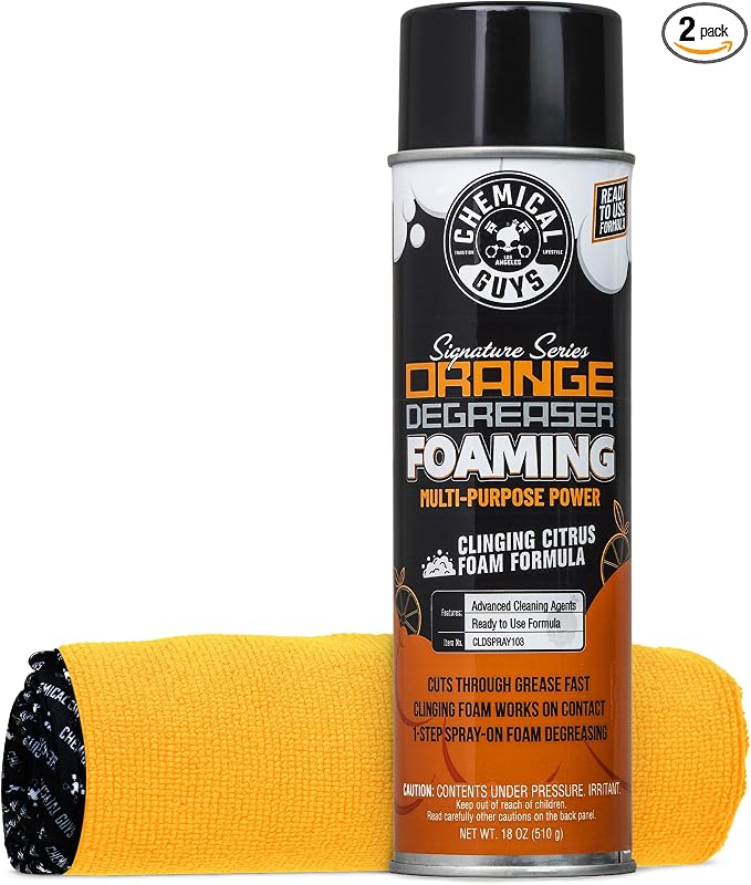 Chemical Guys Citrus Degreaser Aerosol Cleaner With Soft Microfiber Towel Bundle, Heavy Duty Engine Bay And Wheel Well Spray Kit For Cars, Trucks, SUVs and Motorcycles, 18 Fl Oz