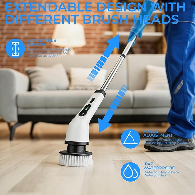 Electric Spin Scrubber with Long Handle，Cordless Bathroom & Kitchen Cleaner with 6 Replaceable Brush Heads，3 Adjustable Speeds for Tile Floor Tub Shower