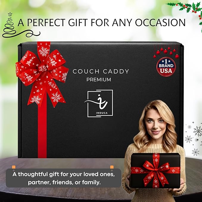 Couch Caddy with Cup Holder | Wood Couch Cup Holder Tray for Drinks, Snacks & Remotes | Couch Tray for Bed, Car Seat & Beach Organizer (Black)