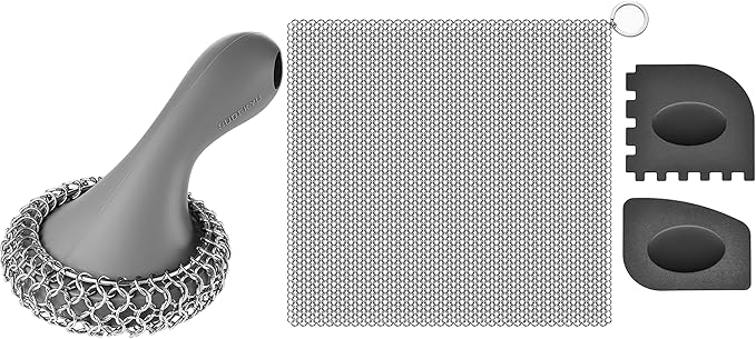 SUBEKYU 316 Stainless Steel Cast Iron Scrubber with Silicone Handle+Anti-Scratch Cast Iron Scrubber with Pan and Grill Scrapers