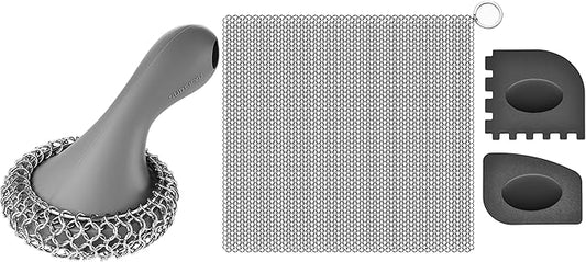 SUBEKYU 316 Stainless Steel Cast Iron Scrubber with Silicone Handle+Anti-Scratch Cast Iron Scrubber with Pan and Grill Scrapers