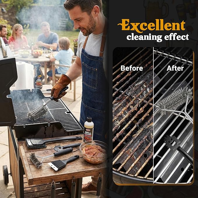 5 Pcs 304 Stainless Steel BBQ Grill Cleaning Tools Set, Steel Grill Brush Accessories with Scraper, Pointed Tail, Triangular, Scouring Pad Brush for Outdoor Gift for Men Dad