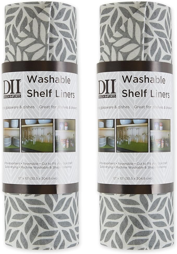 DII Fridge & Shelf Liner Collection Non-Adhesive, Cut to fit, Machine Washable, 12x20, Gray Abstract Leaf, 2 Piece
