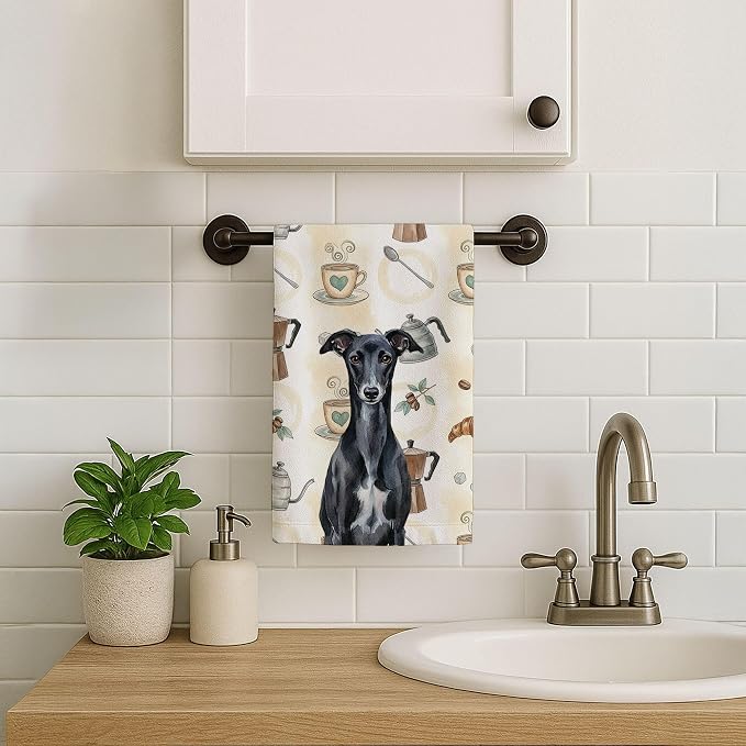 Caroline's Treasures Black Whippet Coffee Bar Kitchen Towel Velour Plush Front and Cotton Loop Back Machine Washable