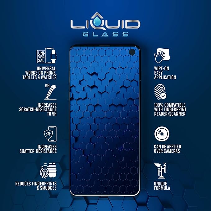 LIQUID GLASS Screen Protector for All Smartphones Tablets and Watches Scratch and Shatter Resistant Wipe On Nano Protection for Up To 4 Devices - Bottle