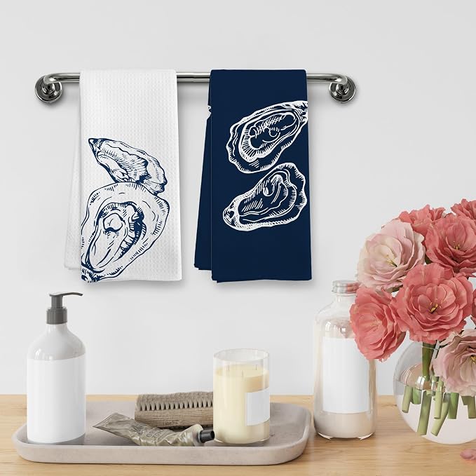 Coastal Oyster Beach Decor Dish Hand Tea Towels for Bathroom Kitchen, Oyster Shell Ocean Beachy Bathroom Decor Gifts, Navy Blue Nautical Summer Kitchen Towels and Dishcloths Sets of 2,16x24in