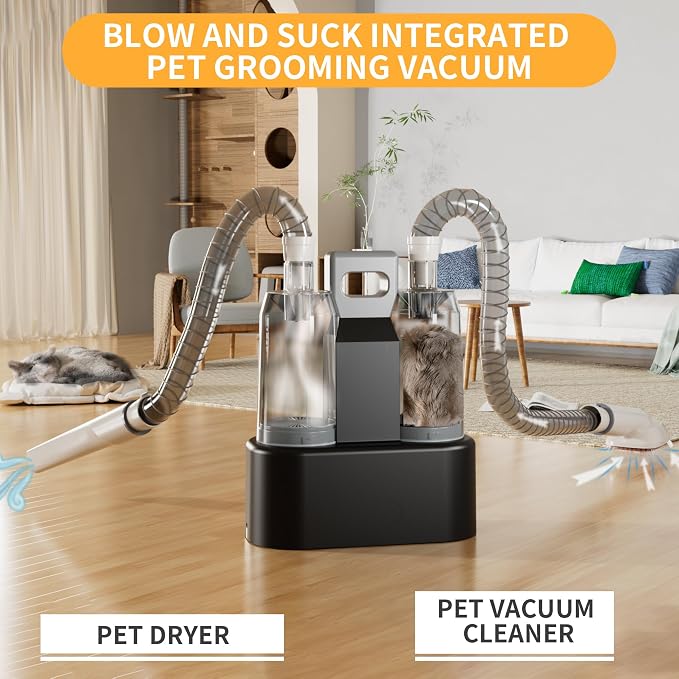 FOTING Dog Grooming Vacuum & Dryer Kit, 2.1L Double Dust Cup 10000pa Dogs Vacuums for Shedding Grooming, 6 in 1 Grooming Tools Cleaning, Low Noise Pet Grooming Vacuum for Dogs, Black