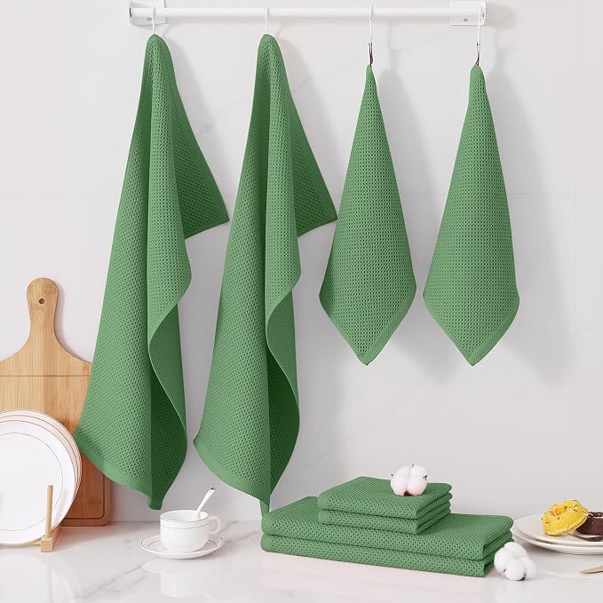 Homaxy 100% Cotton Kitchen Towels and Dishcloths Set, 12 x 12 Inches and 13 x 28 Inches, Set of 10 Bulk Kitchen Towels Set, Ultra Soft Absorbent Dish Cloths for Washing Dishes, Grass Green