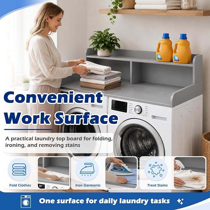 Royxen Laundry Countertop with Storage Universal Fit, Washer and Dryer Countertop with Shelf, Laundry Room Storage, 2-Tier Shelf (Grey)