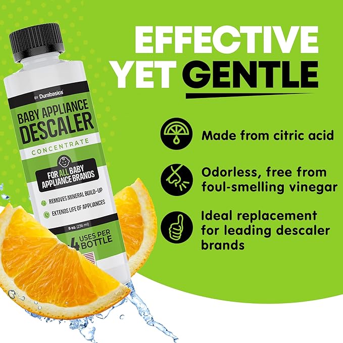 Durabasics [2 Pack] Baby Bottle Sterilizer Descaler – Compatible with Baby Brezza Sterilizers – Citric Acid Formula, Odorless, Helps Remove Mineral Buildup – Made in USA – 16oz