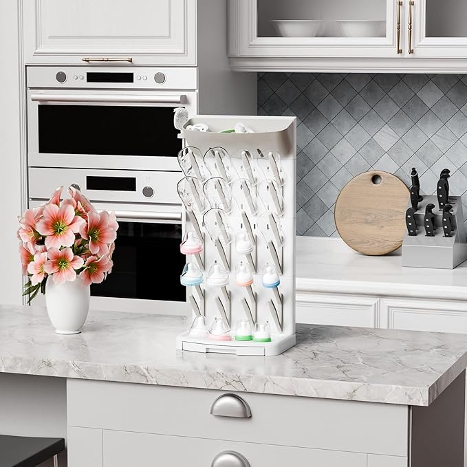 SuoXing Vertical Baby Bottle Drying Rack with Brush- Hold 24 Bottles - Large Breast Pump,Bottle Dryer Rack for Kitchen Countertop,Space Saving Bottle Stand Holder for Pacifiers,Pump Accessories,Grey