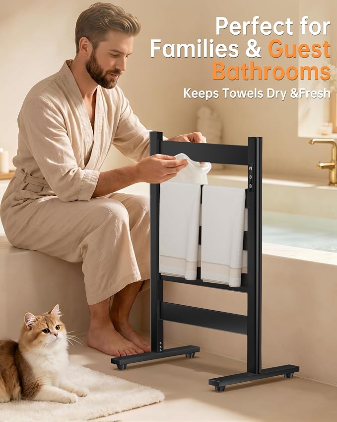 Freestanding Towel Warmer – 5-Bar Heated Towel Rack with Timer & Adjustable Temperature, Space Aluminum, Rust-Resistant, Fast Heating in About 10 Minutes for Bathroom & Spa,Matte Black