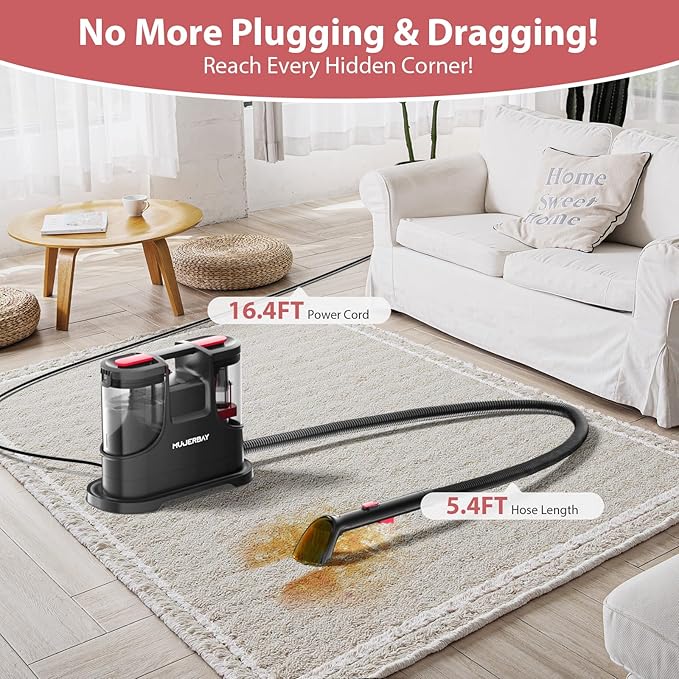 Carpet Cleaner Shampooer Machine, MUJERBAY Portable Spot & Stain Upholstery Cleaner Machine, Easy Move with Handle, 1.5-inch Deep Cleaning Machine for Couch, Stairs, Car and Pet Messes.