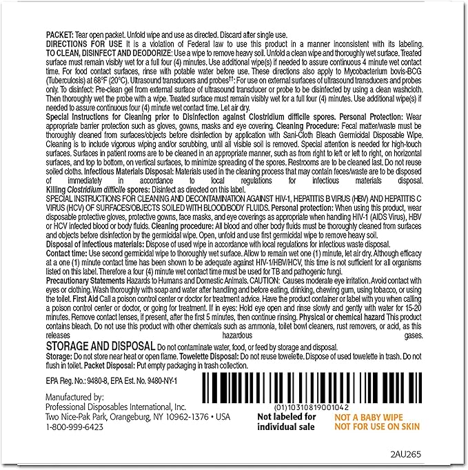 Pdi Sani-Cloth Bleach Wipe 11.5" X 11.75" - Model U26595 - Box of 40
