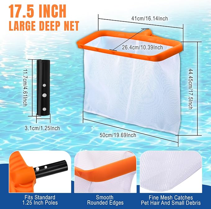 Pool Skimmer Net, Heavy Duty Swimming Pool Leaf Rake, Orange Plastic Frame with Large Capacity Nylon Mesh Bag for In-Ground & Above Ground Pool, Spa, Hot Tub Debris Removal (Pole Not Included)