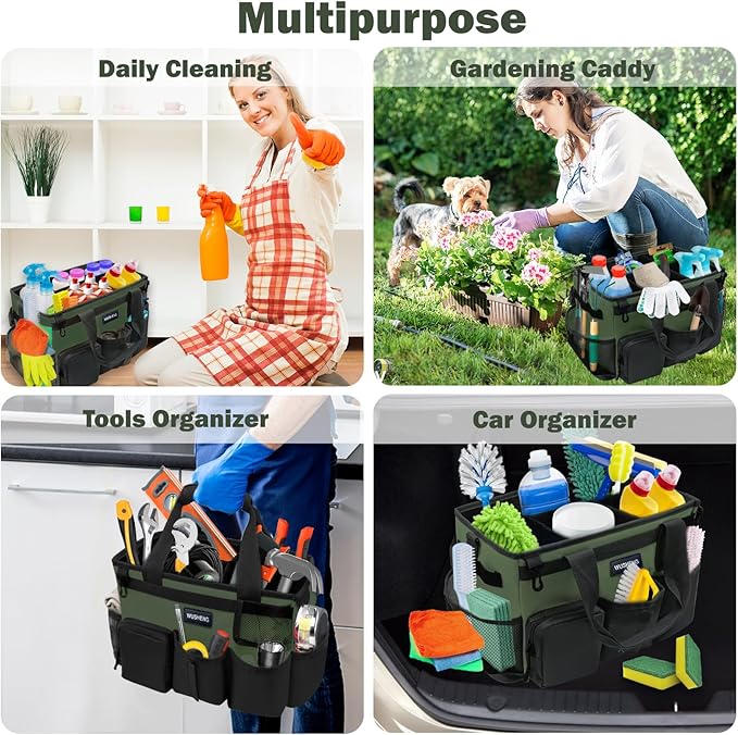 Wearable Cleaning Caddy Bag,Cleaning Supply Tote for Cleaning Supplies, Cleaning Organizer with Adjustable Shoulder and Waist Straps for Cleaners & Housekeepers (Green and Black, Large)