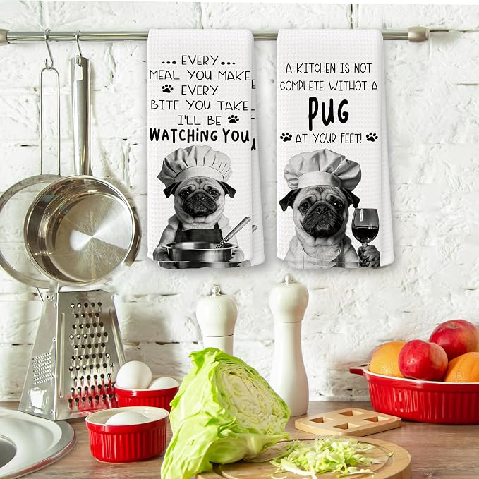 Funny Pug Dog Kitchen Towels 16x24 Inch Set of 2 | Pug Lovers Gifts for Women Men Dish Tea Towels for Kitchen, Dog Lover Mom Dad Owner Gifts Decorative Hand Towel
