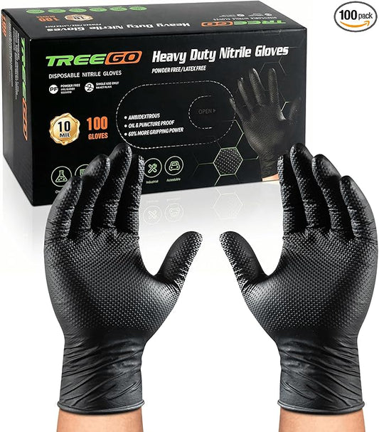 TREEGO 10 Mil Black Nitrile Gloves Heavy Duty — Raised Diamond Texture Grip, Latex Free Disposable Mechanic Work Gloves, Large, 100 Count
