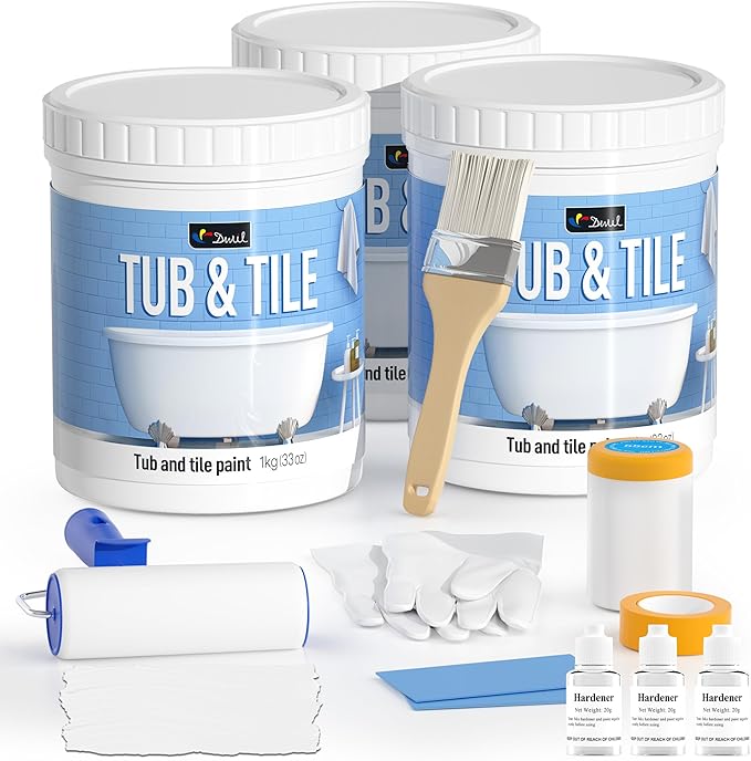 DWIL Tub Paint, Tub and Tile Refinishing Kit with Tools, Tile Refinishing Kit White Bathtub Paint Water Based &Low Odor, Easy to Use Sink for Bathroom Kitchen, Semi-Gloss White, 50-55sq.ft-3 Pack